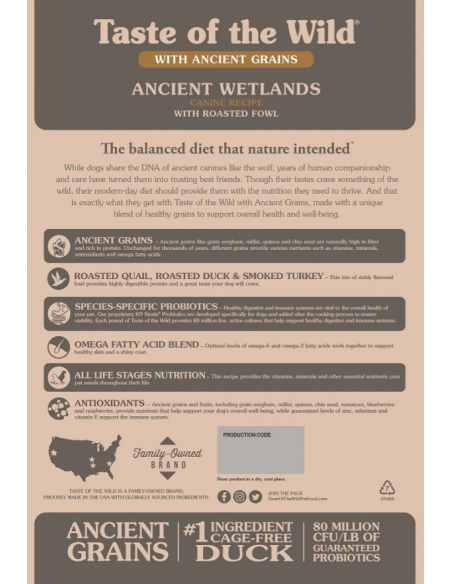 Taste of the Wild Ancient Grains Wetlands Pato (Adultos y Cachorros) 12,7 Kg