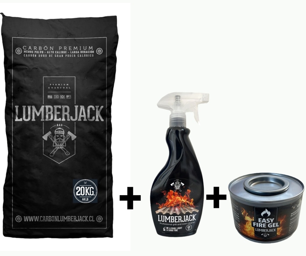PROMO Carbon Lumberjack  20kg + Desengrasante profesional parrillas 500ml + Iniciador de fuego EASY FIRE GEL 160g