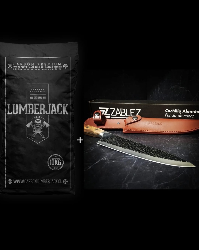 PROMO Cuchillo Alemán con funda de cuero + Carbón Lumberjack 10kg